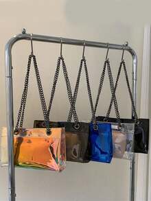 2入組海灘旅行防水純色輕便pvc塑料正方形包,女士春夏必備時尚肩帶/斜挎/鏈條透明包 - 黑色 - 查看 2