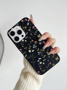 1pc Black Floral Print Soft Silicone Phone Case, Compatible With IPhone 13/14/15/16/Pro Max/Plus - Multicolor - View 2