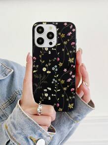 1pc Black Floral Print Soft Silicone Phone Case, Compatible With IPhone 13/14/15/16/Pro Max/Plus - Multicolor - View 1