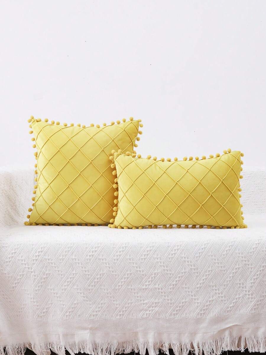 1pc Plush Fabric Grid Pattern Pom Pom Decor Pillow Cover - Yellow - View 1