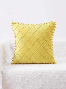 1pc Plush Fabric Grid Pattern Pom Pom Decor Pillow Cover - Yellow - View 4