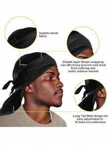 1 pieza Gorra de durag de terciopelo con tiras largas para hombres, con forro térmico, sombrero de pirata cálido adecuado para actividades al aire libre y uso diario - Azul Marino - Ver 5
