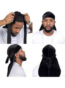 1 pieza Gorra de durag de terciopelo con tiras largas para hombres, con forro térmico, sombrero de pirata cálido adecuado para actividades al aire libre y uso diario - Azul Marino - Ver 6