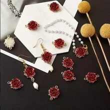 10pcs Alloy & Resin Rose Pendants Diy For Earrings, Necklaces, Bracelets, Valentine's Day Accessory, Double Hole Red & White Rose Jewelry Connector Valentines