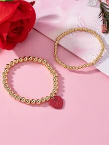 1套2個串珠心形吊墜手鐲,情人節禮物