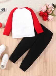 Valentine's Day Red & White Contrast Letter Print Long Sleeve Top And Solid Color Pants Set For Young Boy - Red - View 2