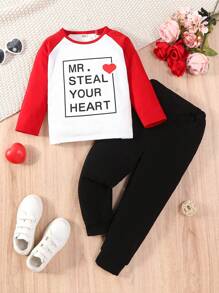 Valentine's Day Red & White Contrast Letter Print Long Sleeve Top And Solid Color Pants Set For Young Boy - Red - View 1