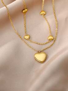 1入新潮流雙層鏈條情人節禮物,愛心掛墜項鍊,不鏽鋼毛衣鍊,時尚珠寶 - 金黃色 - 查看 7