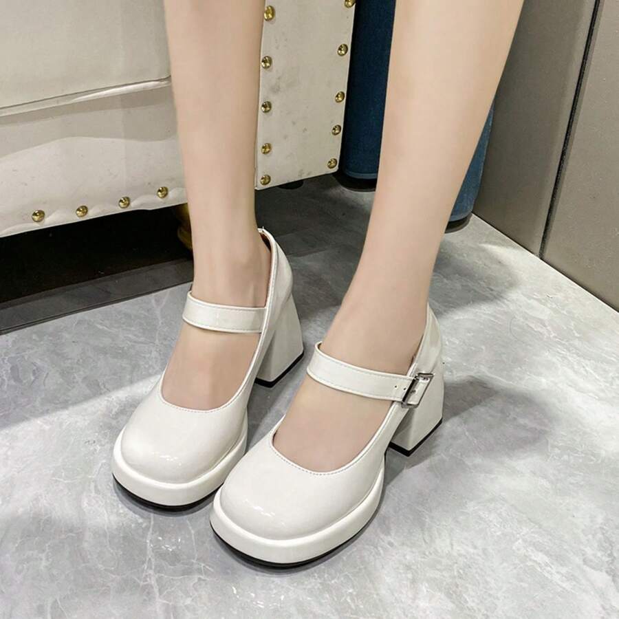 女款圓頭厚底高跟鞋,踝帶扣環閉合 - 米色 - 查看 1