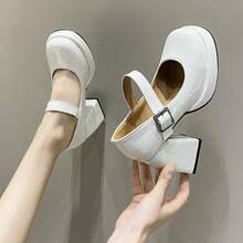 女款圓頭厚底高跟鞋,踝帶扣環閉合 - 米色 - 查看 7