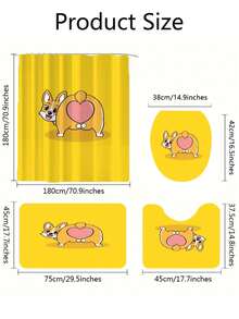 4入組柯基狗主題防水浴簾、12個掛鉤、浴室地墊、u形馬桶墊、馬桶座墊,浴室裝飾套裝 - 彩色 - 查看 2
