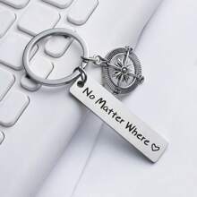 1pc Unisex No Matter Where Stainless Steel Keychain With Compass Pendant, Travel Series, Best Friends Key Ring Pendant - Silver - View 3