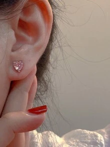 2副/對甜美時尚粉色蝴蝶結耳環 - 簡約設計,超閃耀心形耳骨釘 - 粉色 - 查看 3