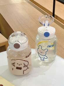 1pc Cartoon Bear Printed Portable Water Bottle, 600ml - Multicolor - View 1