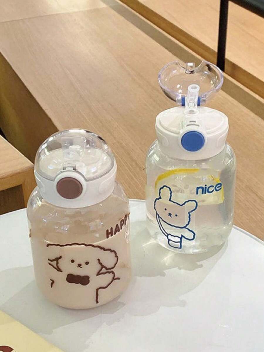 1pc Cartoon Bear Printed Portable Water Bottle, 600ml - Multicolor - View 1