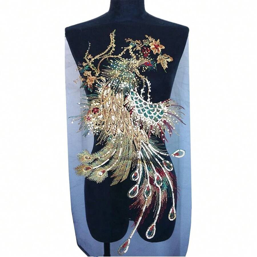 1 件彩虹亮片刺繡孔雀與鳳凰主題布貼 - 黑色 - 查看 1