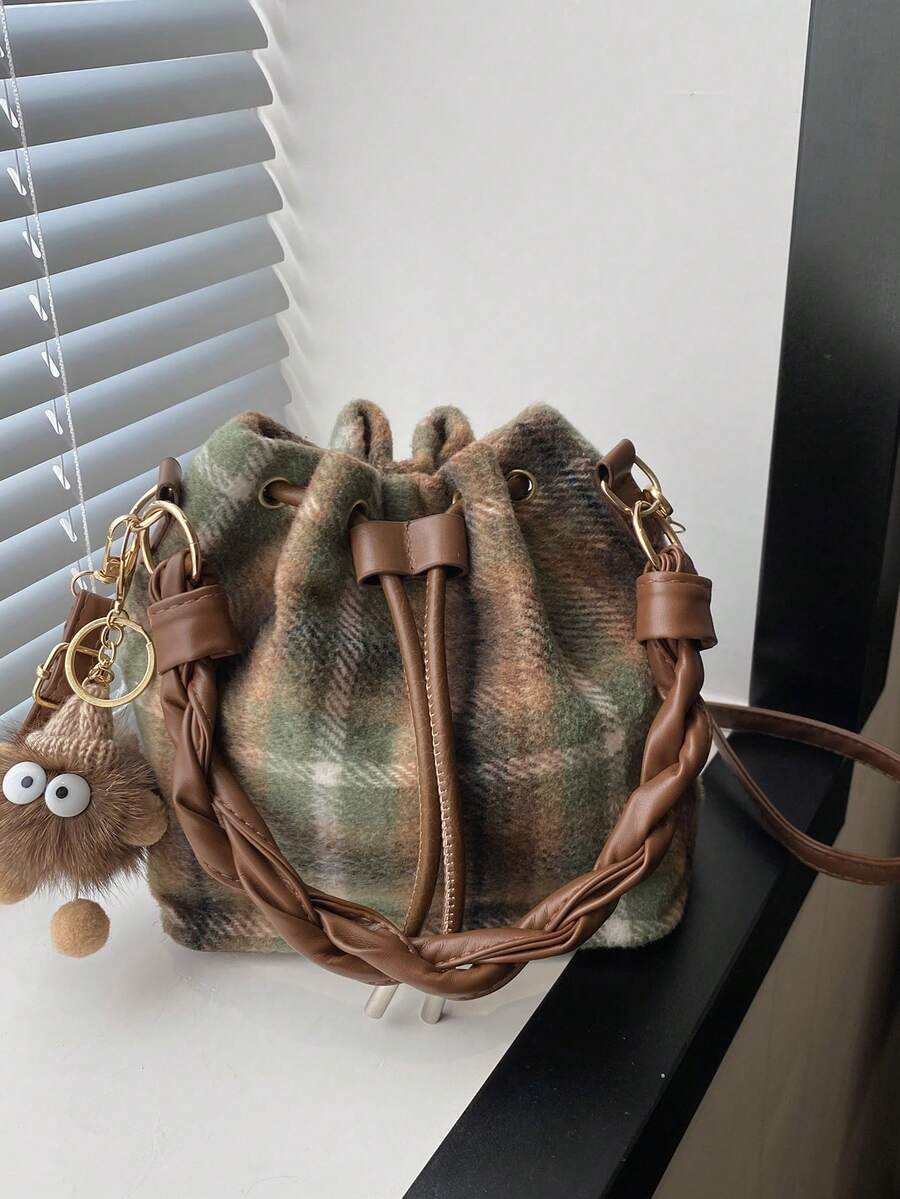 Vintage Plaid Woolen Casual Tote, Bucket, Shoulder & Crossbody Bag, Autumn & Winter - Green - View 1