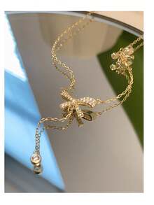 復古別緻鍍金鑲鑽蝴蝶結吊墜項鍊 - 小清新百搭金色鑲鑽蝴蝶結項鍊 - 查看 3