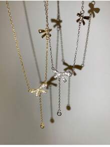 復古別緻鍍金鑲鑽蝴蝶結吊墜項鍊 - 小清新百搭金色鑲鑽蝴蝶結項鍊 - 查看 7