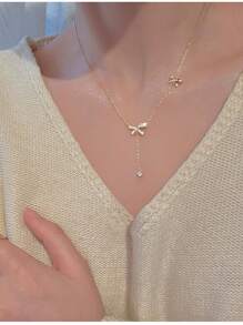 復古別緻鍍金鑲鑽蝴蝶結吊墜項鍊 - 小清新百搭金色鑲鑽蝴蝶結項鍊 - 查看 1