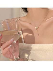 復古別緻鍍金鑲鑽蝴蝶結吊墜項鍊 - 小清新百搭金色鑲鑽蝴蝶結項鍊 - 查看 2