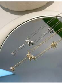 復古別緻鍍金鑲鑽蝴蝶結吊墜項鍊 - 小清新百搭金色鑲鑽蝴蝶結項鍊 - 查看 5