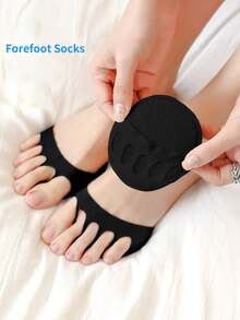 1pair Women's Forefoot Half Toe Socks With Sponge Pad And Invisible Design - Black - View 3