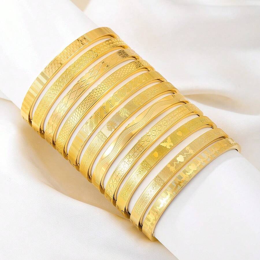 1 件獨特日韓設計不鏽鋼鏤空情人手鍊,搭配蝴蝶、心形和幾何圖案 - 金色 - 查看 1