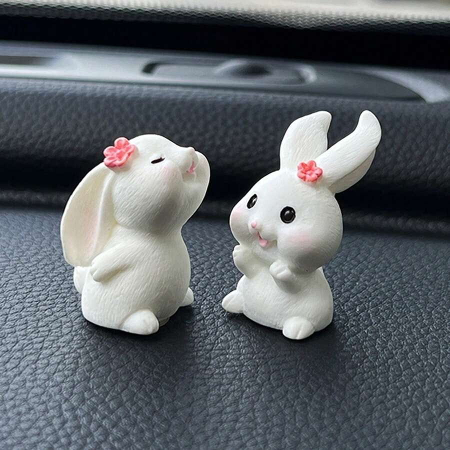2pcs Cute Miniature Bunny Car Decoration Ornaments For Car Dashboard And Windowsill, Personalized Car Dolls - White - View 1