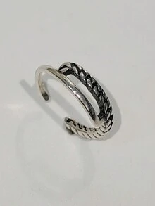 1入復古款男女通用925純銀雙鏈開口戒指,適用於男女飾戴的可調式食指戒指 - 復古銀色 - 查看 2