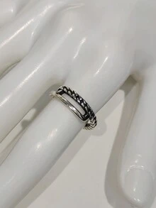 1入復古款男女通用925純銀雙鏈開口戒指,適用於男女飾戴的可調式食指戒指 - 復古銀色 - 查看 1