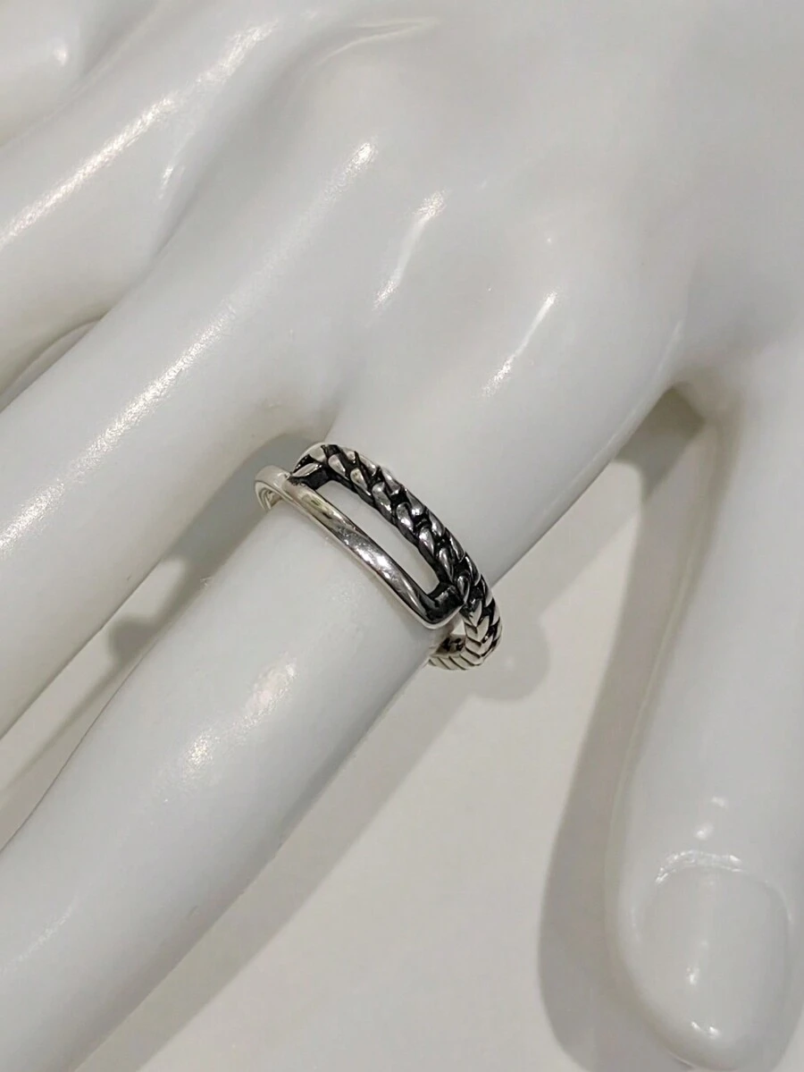 1入復古款男女通用925純銀雙鏈開口戒指,適用於男女飾戴的可調式食指戒指 - 復古銀色 - 查看 1