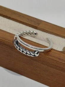 1入復古款男女通用925純銀雙鏈開口戒指,適用於男女飾戴的可調式食指戒指 - 復古銀色 - 查看 4