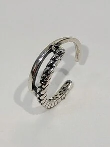 1入復古款男女通用925純銀雙鏈開口戒指,適用於男女飾戴的可調式食指戒指 - 復古銀色 - 查看 3