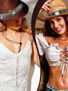 1pc Turquoise Beads Hat Band Cowboy Boho Decor Hat Accessories Hatband Western Hat Belts Tassel Shell Decor Straw Hat Belts Hat Bands For Fedora Halloween - Multicolor - View 5