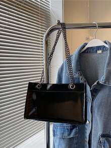 2入組海灘旅行防水純色輕便pvc塑料正方形包,女士春夏必備時尚肩帶/斜挎/鏈條透明包 - 黑色 - 查看 3