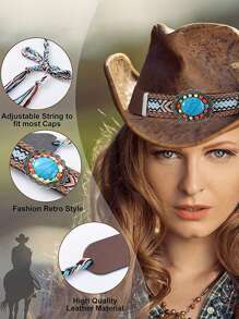 1pc Turquoise Beads Hat Band Cowboy Boho Decor Hat Accessories Hatband Western Hat Belts Tassel Shell Decor Straw Hat Belts Hat Bands For Fedora Halloween - Multicolor - View 3