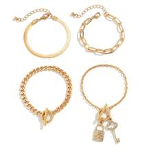 4 件套奢華珠寶套裝,包括掛鎖形狀項鍊、蛇骨鍊、復古鑰匙風格手鍊和水鑽項鍊,適合女士日常佩戴 - 手鍊-金色 - 查看 14