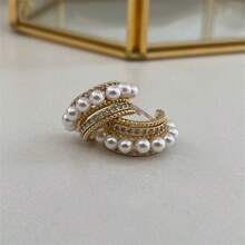 1pair New Pearl C-Shaped Stud Earrings For Women Multi-Layers Gold Color Metal Small Earrings Full Rhinestone Chic Lovely Ear Decor - Gold - View 7