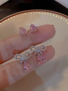2副/對甜美時尚粉色蝴蝶結耳環 - 簡約設計,超閃耀心形耳骨釘 - 粉色 - 查看 1