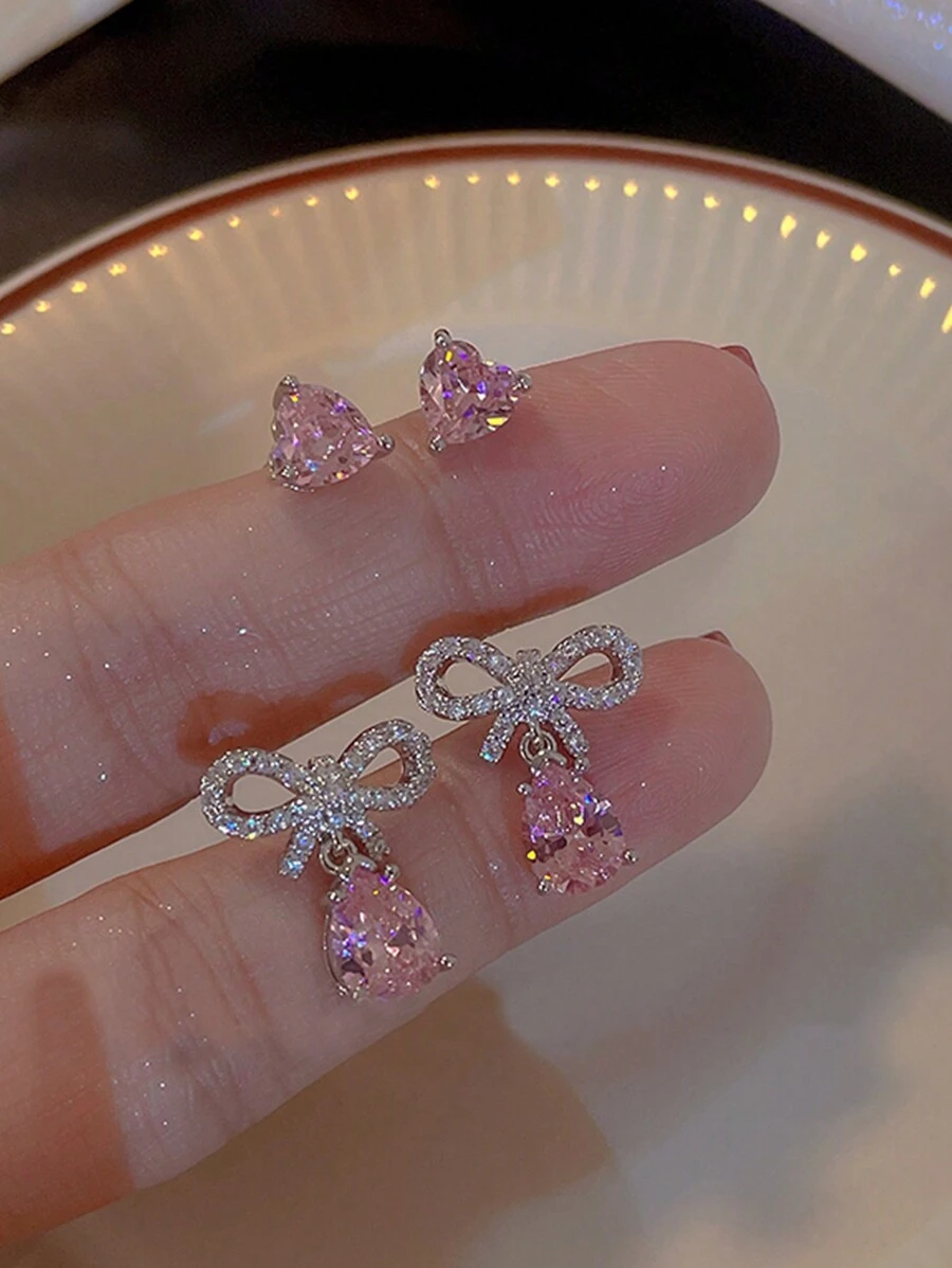 2副/對甜美時尚粉色蝴蝶結耳環 - 簡約設計,超閃耀心形耳骨釘 - 粉色 - 查看 1