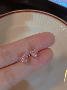 2副/對甜美時尚粉色蝴蝶結耳環 - 簡約設計,超閃耀心形耳骨釘 - 粉色 - 查看 4