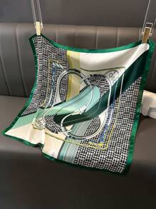 1 件丝绸花卉印花 70 厘米方形围巾，新品，女士多功能配饰（围巾、腰带、头带等），春秋优雅头巾、发带、头带非常适合装扮您的外观 - 綠色 - 查看 2