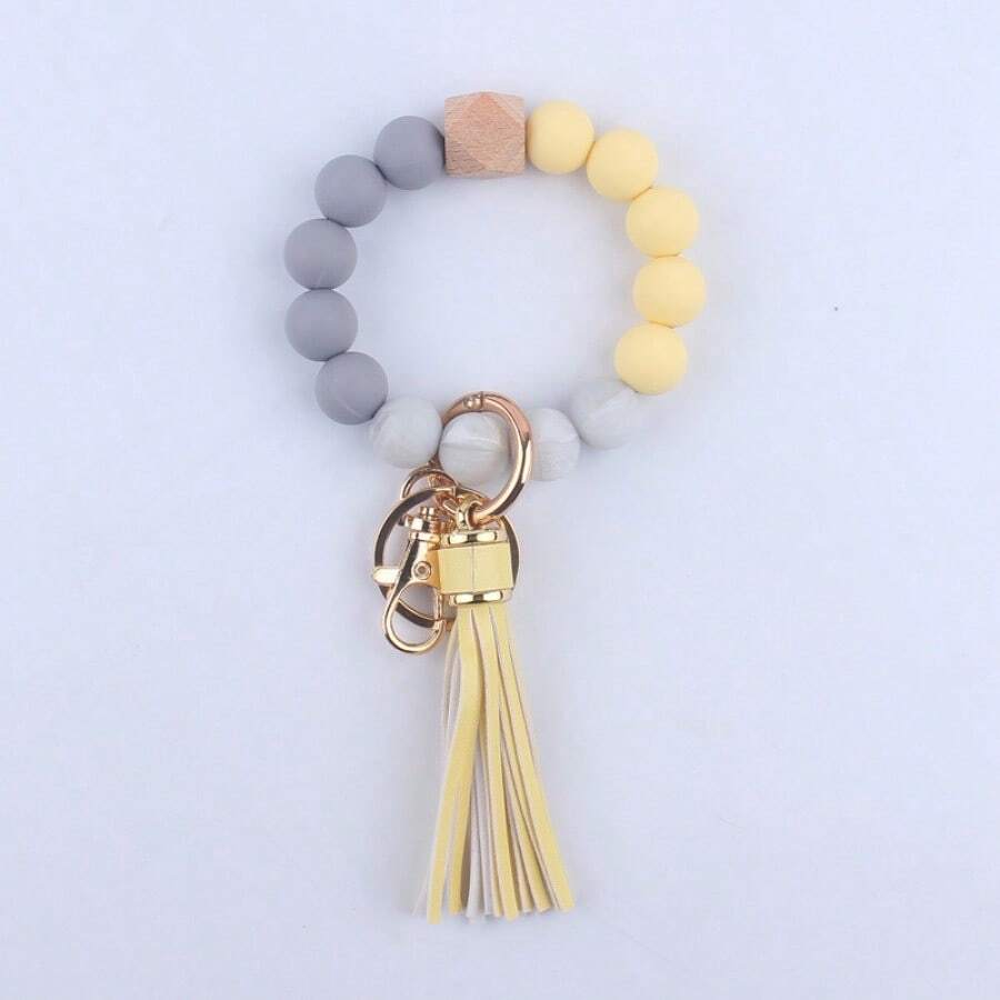 1pc New Pu Leather Short Tassel Keychain With Silicone Leopard Print Bead Wrist Strap For Kids' Diy Handmade Jewelry Diy - Beige - View 1