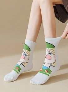 4pairs Women's Fashionable Artistic Abstract Face Patterned Mid-Calf Socks, Moisture-Wicking And Breathable - Multicolor - View 2