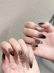 24pcs Almond-Shaped High-End Night Rose & Ice Transparent Gradient Black False Nails +1pc Jelly Glue +1pc Nail File - Multicolor - View 1