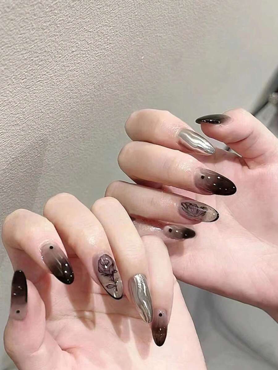 24pcs Almond-Shaped High-End Night Rose & Ice Transparent Gradient Black False Nails +1pc Jelly Glue +1pc Nail File - Multicolor - View 1