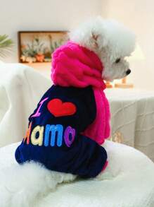 情人節1件寵物衣服狗和貓衣服冬季保暖柔軟舒適'i Love Mom'四腳外套 - 玫紅色 - 查看 2