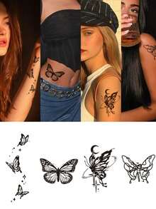 1套（4入）藝術風格高級蝴蝶與草藥紋身貼紙,適用於手臂和逼真的腰部臨時紋身貼紙,半永久 - 黑色 - 查看 1