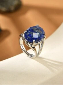 1只天然水晶/礦石石頭卵形切面開口戒指,適用於女性